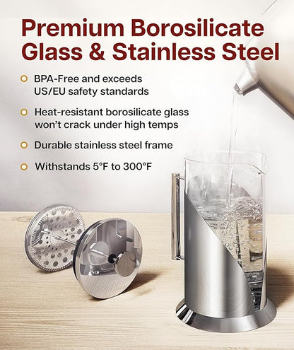 Cafe Du Chateau Stainless Steel French Press Coffee Maker 34 oz – Insulated Coffee Press with 4-Level Filtration, Manual Brewer for Tea, Camping & Travel, BPA-Free Glass (Pack of 2)