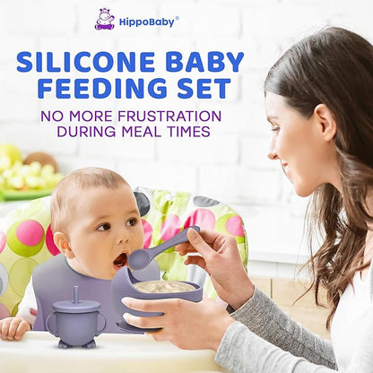 HippoBaby Baby Led Weaning Supplies | 10 Piece Silicone Feeding Set | Baby Toddler Bib Cup Divided Plate and Bowl Self Feeding Spoons Dish Set | Baby Utensils | Toddler Feeding Supplies (Lavender)