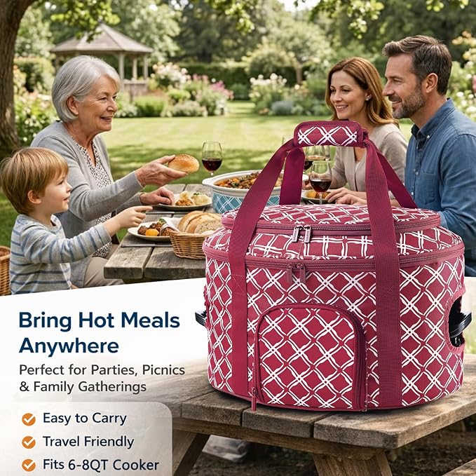 BAGSPRITE Double-layer Slow Cooker Carrying Case for Crock Pot 6-8 Quart, Insulated Crockpot Carrier with Adjustable Lid Straps,Portable Slow Cooker Travel Bag for Potluck, Parties, Family Gatherings