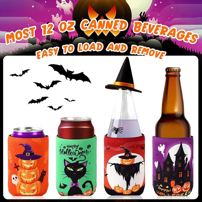 Halloween Can Cooler Sleeves, 18pcs 12 oz Cold Drinks Beer Drink Can Bottle Cooler Sleeves for Trick or Treat Party Favors Decorations Supplies