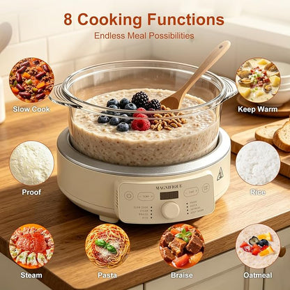 MAGNIFIQUE Slow Cooker, 4.5 Quart 8-in-1 Glass Pot Multi-Cooker, Non-Toxic Slow Cooker with Removable Borosilicate Glass Pot, for Rice, Pasta, Steam & Proof, Oatmeal
