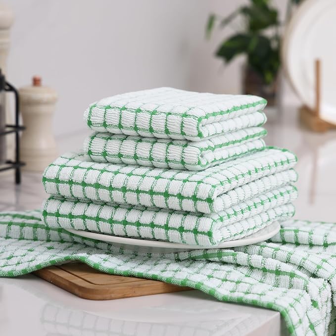 Homaxy Kitchen Towels and Dishcloths Set, 16 x 25 and 12 x 12 Inches, Set of 12 Cotton Terry Kitchen Dish Towels, Super Soft and Absorbent Dish Cloths, Green