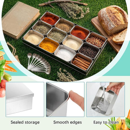 Boao 12 Compartment 304 Yakumi Pans Stainless Steel Seasoning Condiment Container with Lids Spoons, Japanese Yakumi Pans Mini Sauces Salad Dressings Storage for Food, Herbs, Spices
