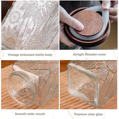 Custde Glass Storage Jars With Airtight Lid, 23.7oz Container For Kitchen Counter with Wood Lid, brown sugar, candy, coffee, cookie, salt, tea, cute Jar (Square Sunflower)