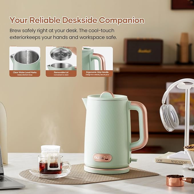 OLEGA Electric Kettle: 1200W Fast Boil Electric Water Kettles, 1.5L Double Wall Stainless Steel Tea Kettle, Auto Shut-Off, BPA-Free Hot Water Boiler Teapot for Coffee & Tea -Ligth Green