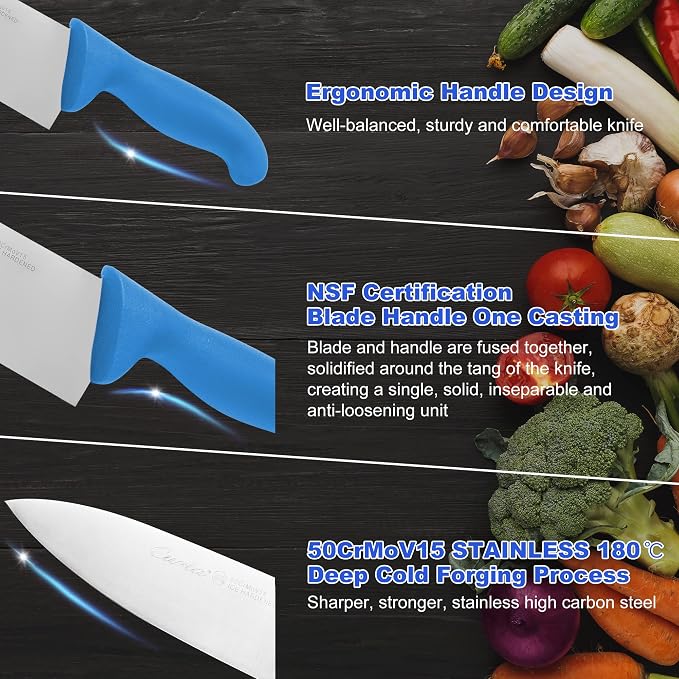 CURTA 12-inch Commercial-Grade Chef's Knife, NSF Listed, Ergonomic, Non-slip Blue Handle, High Carbon 420 Stainless Steel Forged Blade Straight Edge, Dishwasher Safe, Rust Proof