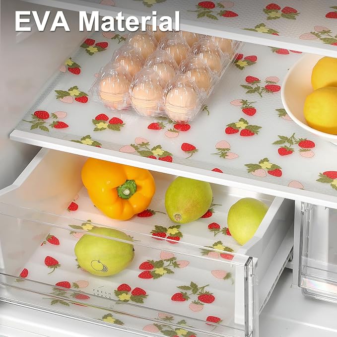 Cooyes Shelf Liner for Kitchen Cabinets – Waterproof & Oil-Proof Drawer Liner, Non-Adhesive EVA Mats with Fruit Pattern – Washable Easy to Clean, Easy to Cut (17.5" W x 360" L, Red Strawberry)
