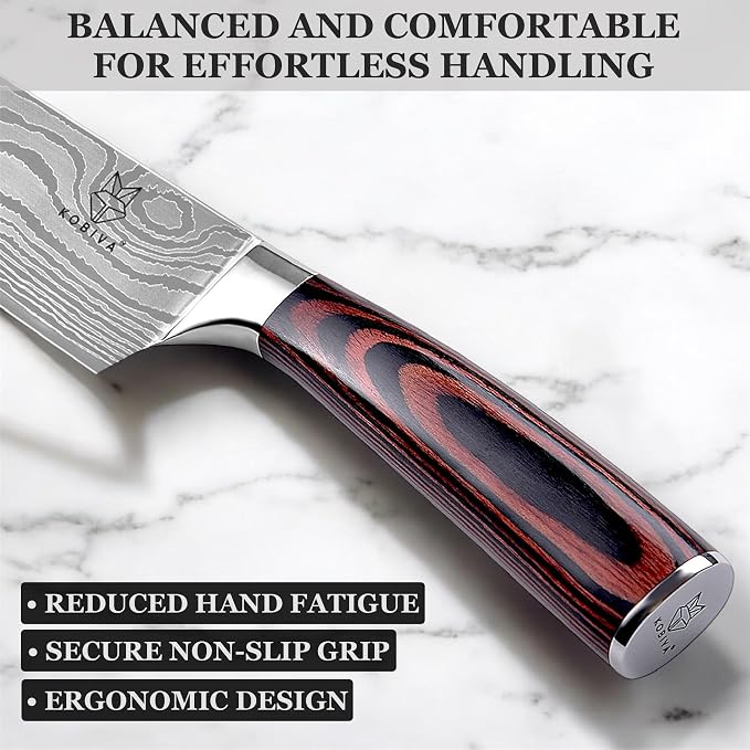 Japanese Chef Knife 8 Inch | High Carbon Stainless Steel Kitchen Knife | Ultra Sharp Damascus-Pattern Blade | Ergonomic Handle | Professional Cooking Knife for Meat, Fish & Vegetables | Gift