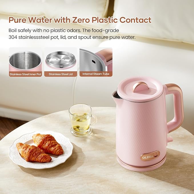 OLEGA Electric Kettle: 1200W Fast Boil Electric Water Kettles, 1.5L Double Wall Stainless Steel Tea Kettle, Auto Shut-Off, BPA-Free Hot Water Boiler Teapot for Coffee & Tea -Light Pink