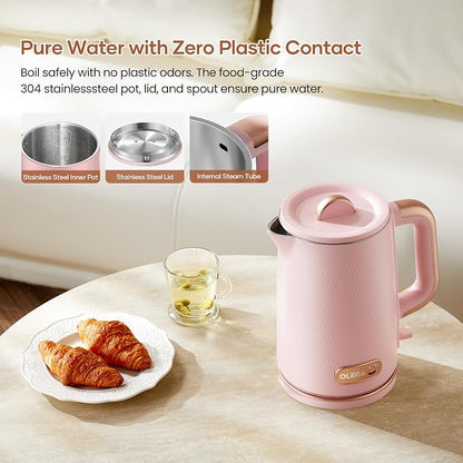 OLEGA Electric Kettle: 1200W Fast Boil Electric Water Kettles, 1.5L Double Wall Stainless Steel Tea Kettle, Auto Shut-Off, BPA-Free Hot Water Boiler Teapot for Coffee & Tea -Light Pink