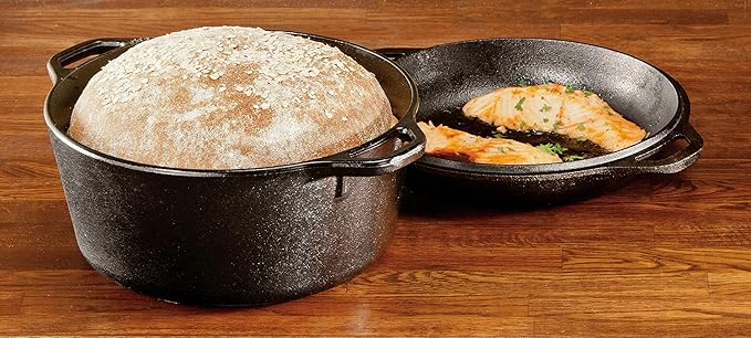 Lodge Cast Iron Double Dutch Oven 5 Quart - Pre-Seasoned 2-in-1 Cast Iron Cookware - Pot & Skillet Combo - Even Heat Retention - Oven-Safe, Versatile Pot