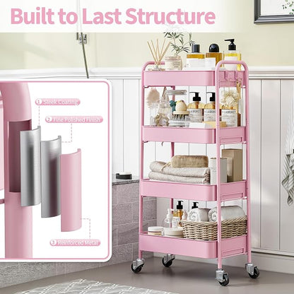 TOOLF 4-Tier Rolling Cart - Metal Storage Organizer with Lockable Wheels, 44 lbs Per Shelf Capacity, Tool-Free Assembly, for Kitchen Bathroom Office Laundry Room Nursery, Pink