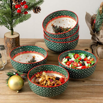 glowworm Cereal Bowls, 26 Oz Soup Bowls Set of 6, Deep Bowls Set for Rice, Oatmeal, Dessert, Dishwasher & Microwave Safe, Green Tree