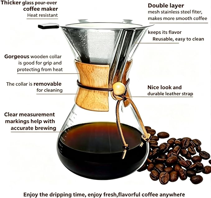 subjectthree Pour Over Coffee Dripper 8 Cup Glass Coffee Maker with Reusable Filter for Home,Camping, Office (28 Ounce)