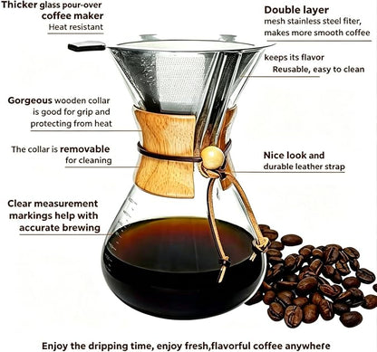 subjectthree Pour Over Coffee Dripper 8 Cup Glass Coffee Maker with Reusable Filter for Home,Camping, Office (28 Ounce)