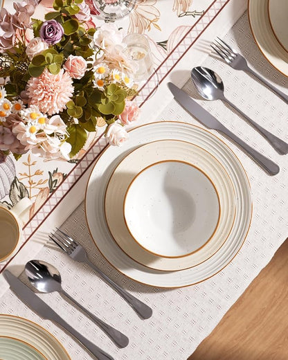 Famiware Jupiter 16-Piece Stoneware Dinnerware Set for 4 - Includes Pasta Bowl & Dinner Plate, Handcrafted Dishes with Speckles & Embossed Swirls, Chip & Scratch Resistant, Daily & Formal Use, White