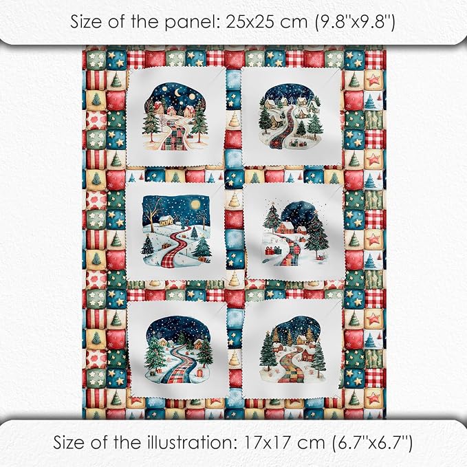 Winter Village Patchwork Cotton Fabric Panel – 6 Designs 10×10 inch + Bonus Patchwork Sheet 29.5×19.6 inch, 100% Cotton 140 GSM (USA Size)