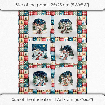 Winter Village Patchwork Cotton Fabric Panel – 6 Designs 10×10 inch + Bonus Patchwork Sheet 29.5×19.6 inch, 100% Cotton 140 GSM (USA Size)