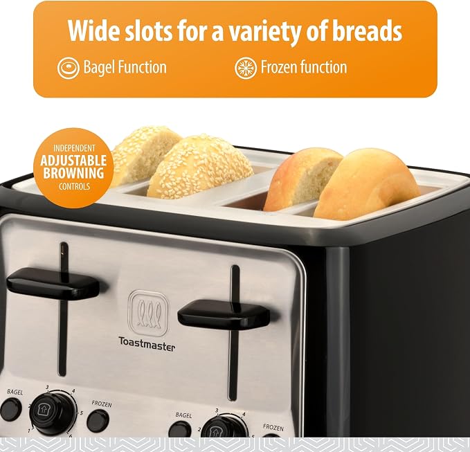 Toastmaster 4-Slice Toaster - Black with Stainless Steel - Multi-Function Toaster with Adjustable Browning Controls - For Sandwich Toasting, Breakfast Bread & More