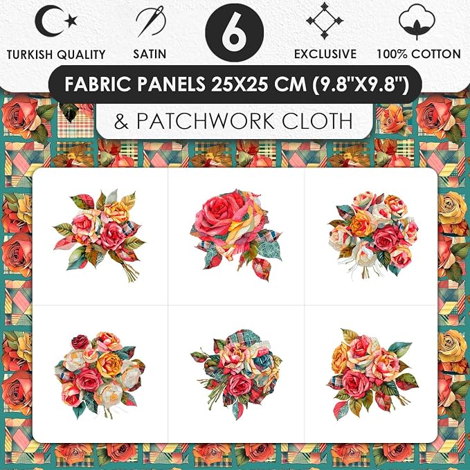 Vintage Rose Patchwork Cotton Fabric Panel – 6 Floral Designs (10×10 inch Each) + Bonus Patchwork Sheet 29.5×19.6 inch, 100% Cotton 140 GSM