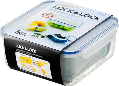 LOCK & LOCK Easy Essentials Food Storage lids/Airtight containers, BPA Free, 10 Piece - Square, Clear