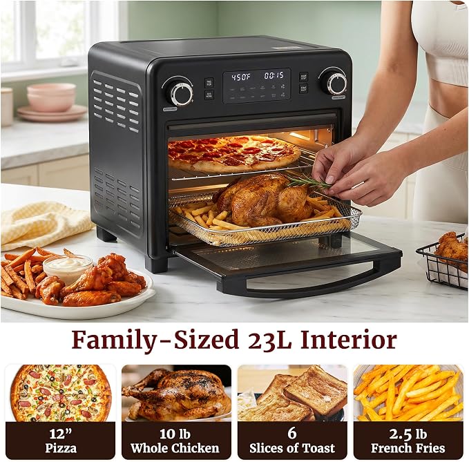 Elite Gourmet EAF9320 23L Air Fryer Toaster Oven, 10-in-1 Digital Convection Countertop Oven, Dual Fan Speeds, Air Fry, Bake, Broil, Toast, Dehydrate, 1600W w/Air Fry Rack, Bake Rack & Pan, Black