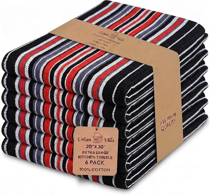 Urban Villa Kitchen Towels Waffle Stripes Dish Towels for Kitchen Black Color Set of 6 Kitchen Towels Highly Absorbent Cotton Over Sized 20X30 in with Mitered Corners Kitchen Hand Tea Towels