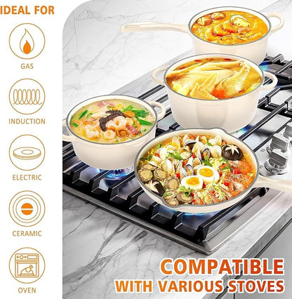 Hisencn Enameled Cast Iron Cookware Set - 7 Piece Dutch Ovens Set, Sauce Pan, Skillet, 3 Lids, Pots and Pans Set, Ceramic Coated Cast Iron, Heavy Duty, Gas/Induction Compatible, PFA Free