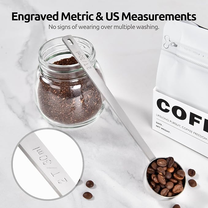 U-Taste Coffee Scoop 2 Tablespoon: 18/8 Stainless Steel Measuring Scooper for Ground Coffee, Bean, Powder, Espresso, 6.9in Long Handle Metal Meaure Spoon for Canister, Jar (2Tbsp/30ml, Silver)