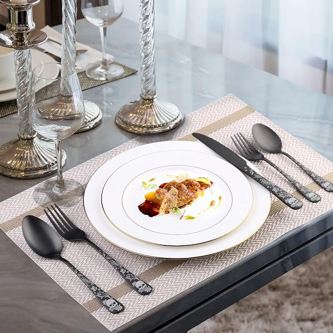 40 Piece Skull Pattern Matte Silverware Set for 8, Black Flatware set Service for 8,Gothic Unique Skull Pattern Design,18/0 Stainless,Satin Finish Cutlery for 8,Dishwasher Safe