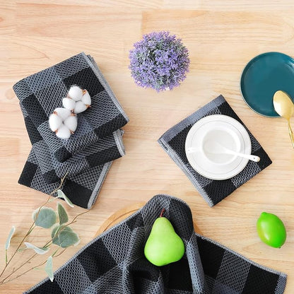 Homaxy Kitchen Towels and Dishcloths Set, 12 x 12 and 13 x 28 Inches, Set of 16 100% Cotton Waffle Weave Check Plaid Kitchen Dish Towels, Super Soft and Absorbent Dish Cloths, Black & Grey