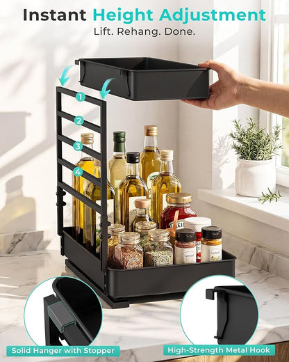 EVERIE Metal Pull Out Slide Shelf Organizer for Under Sink Organization in Kitchen, Bathroom, Counter, Cabinets, Minimum Available Space 13" Wide x 16.5" Deep (Black, 1 Set)