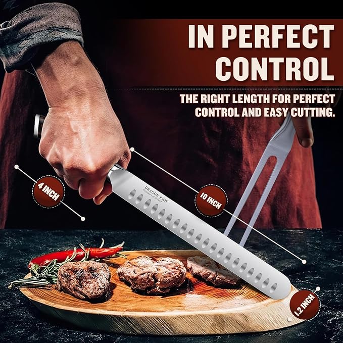 DRAGON RIOT 10 inch Premium Brisket Knife, Razor Sharp Carving Knife with Ergonomic Handle Design, Granton Edge, Hand Forged Brisket Slicing Knife for Meat and BBQ Cuting Gift for Men