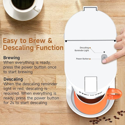 Horavie Small Single Serve Coffee Maker, Fast Brew One Cup Coffee Machine for K Cup and Grounds, 6 to 12 oz. Brew Sizes, Capsule Coffee Machine with Descaling Reminder and Viewing Tank, White