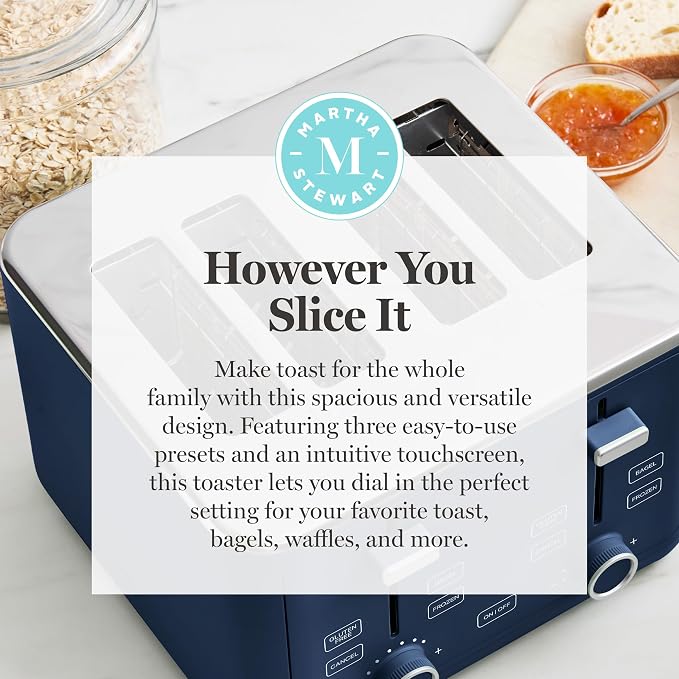 Martha Stewart 4 Slice Toaster, 10 Shade Settings with Defrost, Cancel, Bagel & Gluten-Free, Extra-Wide Self-Centering Slots for Waffles & Artisan Bread, Removable Crumb Tray, Cord Wrap, 1800W, Indigo