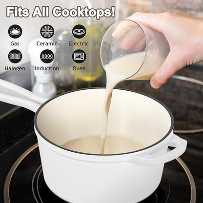 Leonyo Cast Iron Pots and Pans Set, 1Qt & 2Qt Enameled Sauce Pan with Lid, Small Cast Iron Dutch Oven Kitchen Cookware Appliances for All Cooktops Cooking Pasta, Milk, Egg - Up to 500°F, White