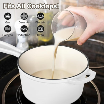 1 QT Enameled Cast Iron Saucepan, Leonyo Sauce Pan with Lid, Cast Iron Enamel Cookware Kitchen Milk Pot for All Cooktops Cooking Pasta, Soup, Egg - Up to 500°F & 4.4Lbs, White