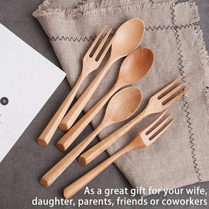 Wood Soup Spoons And Forks 6 Sets Natural Wood Eating Utensils Wooden Flatware Set, 7.5Inch Eco Friendly Wood Cutlery Wooden Dinner 6 Spoons and 6 Forks