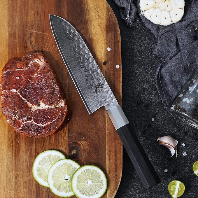 SAMCOOK Santoku Chef Knife - 7 Inch Professional Japanese Knife - VG10 Damascus High Carbon Stainless Steel Hammered Damascus Kitchen Knife - Ergonomic Octagonal Ebony Handle with Gift Box
