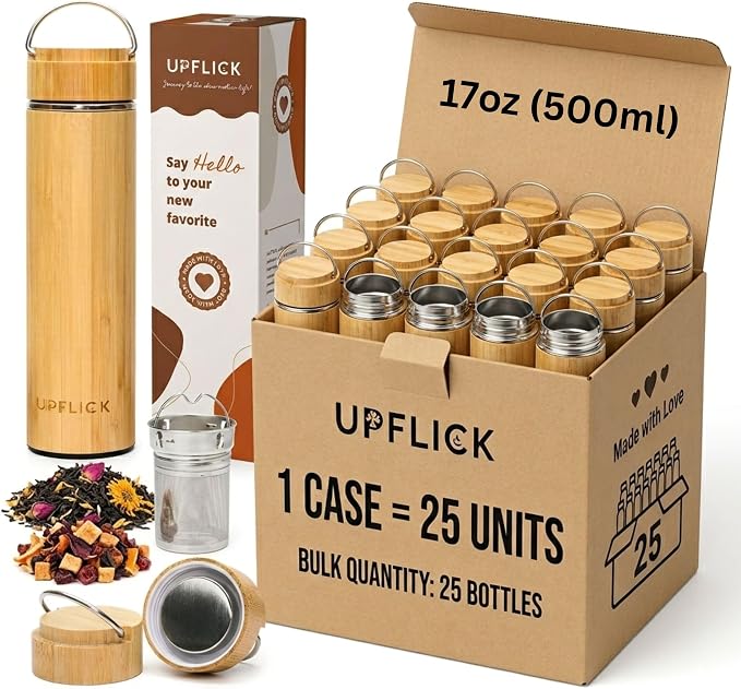 Bamboo Tea Tumbler with Infuser for Loose Tea 17 oz 25 unit Leak Proof, Double Wall, Wide Mouth, Vacuum Insulated, Ecofriendly Stainless Steal Insulated Bottle
