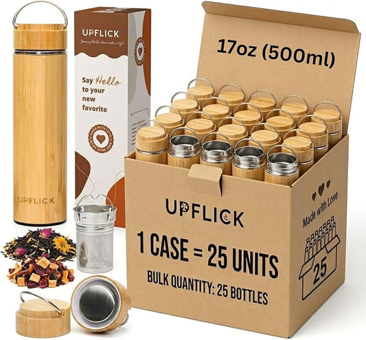 Bamboo Tea Tumbler with Infuser for Loose Tea 17 oz 25 unit Leak Proof, Double Wall, Wide Mouth, Vacuum Insulated, Ecofriendly Stainless Steal Insulated Bottle