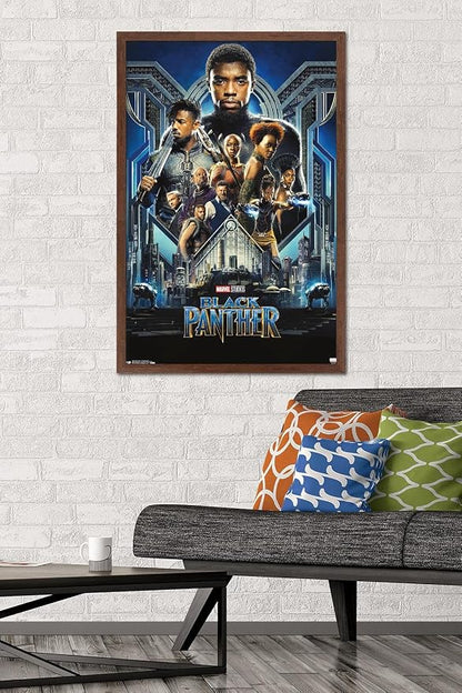 Trends International Marvel Cinematic Universe - Black Panther - Group One Sheet Wall Poster, 22.375" x 34", Mahogany Framed Version