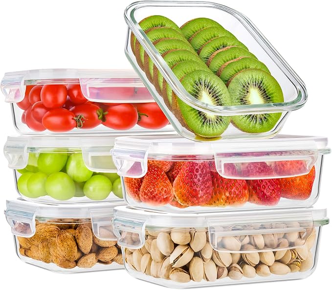 Bayco 6 Pack Glass Meal Prep Containers, Glass Food Storage Containers with Lids, Airtight Lunch Bento Boxes, Leak Proof (6 lids & 6 Containers)