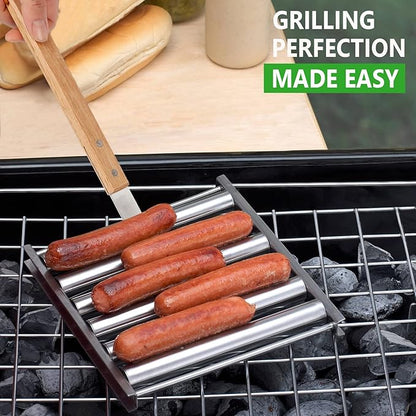 KAYCROWN Hot Dog Roller Sausage Rack with Extra Long Wood Handle, BBQ Griller For Evenly Cooked Dogs, 5 Capacity, Silver