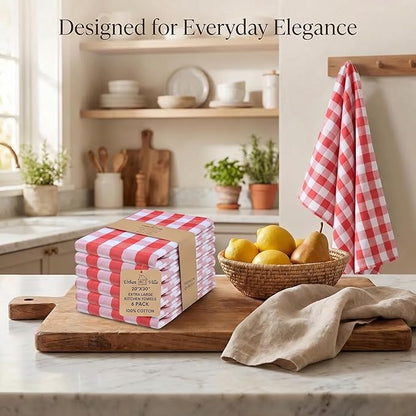 Urban Villa Kitchen Towels 100% Cotton Dish Towels for Kitchen (Set of 6) 20”x30” Dish Cloths Highly Absorbent Kitchen Linen Set with Hanging Loop Perfect for Drying Dishes Cleaning – Red White