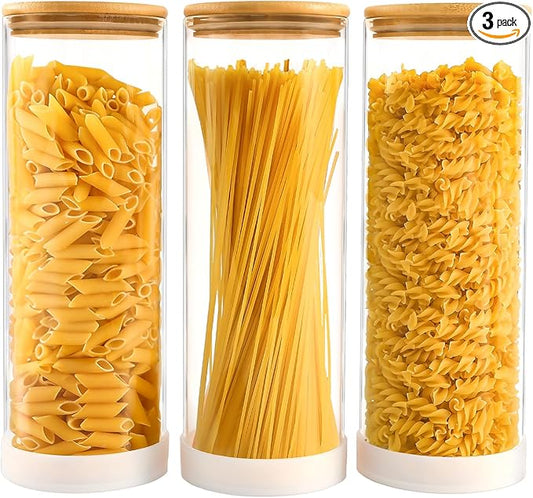 TBWIND 73oz Glass Spaghetti Pasta Containers for Pantry Organization, 3-Pack Large Airtight Food Jars with Bamboo Lids and Protective Silicone Base, Clear Storage Canisters for Flour, Cereal, Rice