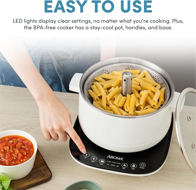 Aroma Housewares 2.5-Liter Smart Electric Hot Pot & Rapid Boil Steamer with Automatic Stainless Steel Steamer Basket Lift, White, ASP-700