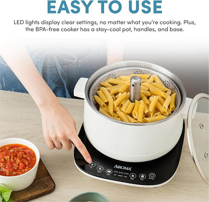 Aroma Housewares 2.5-Liter Smart Electric Hot Pot & Rapid Boil Steamer with Automatic Stainless Steel Steamer Basket Lift, White, ASP-700