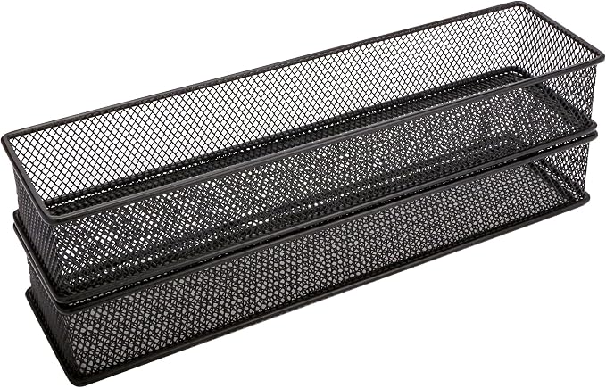 Annova Mesh Stackable Drawer Cabinet and Shelf Organizer Bins Storage Basket School Office Supply Holder Tray- Set of 2 (Black, 3x12x2 Inch)