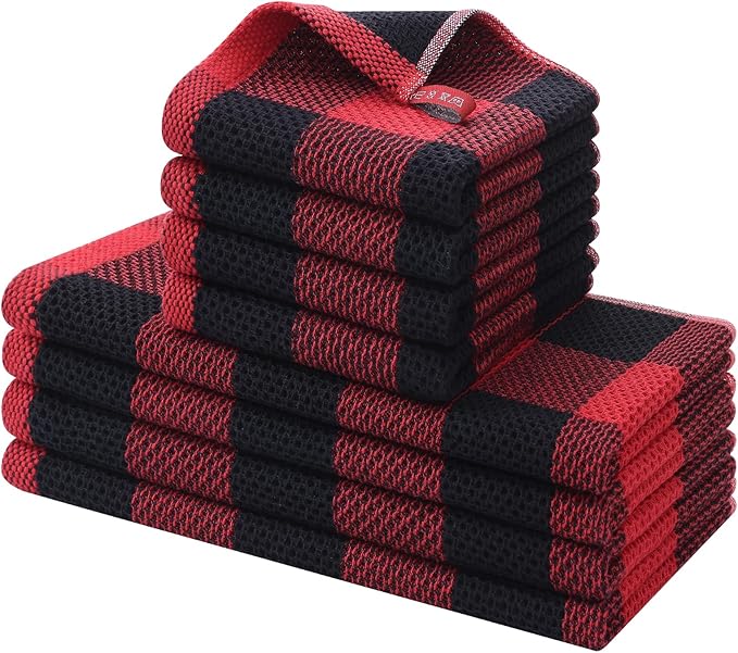 Homaxy Kitchen Towels and Dishcloths Set, 12 x 12 and 13 x 28 Inches, Set of 8 100% Cotton Waffle Weave Check Plaid Kitchen Dish Towels, Super Soft and Absorbent Dish Cloths, Black & Red
